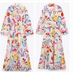 ZARA NEW BELTED PRINTED SHIRT DRESS MIDI MULTICOLOR XL